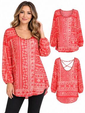 Studio Y Women’s XL Coral Pink Long Sleeve Sheer Blouse Studded Boho Print
